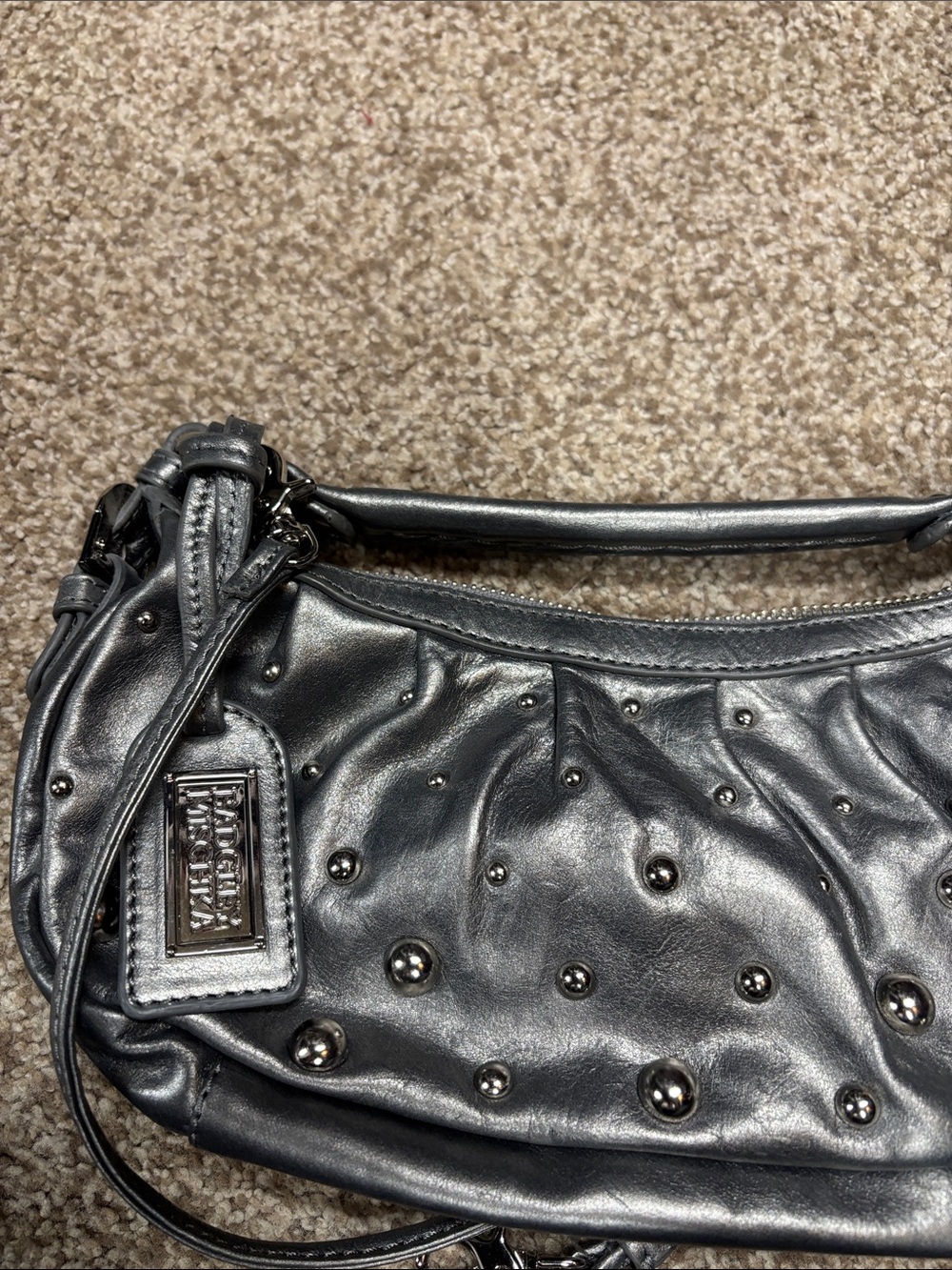 Badgley Mischka Metallic Gunmetal Studded Leather Shoulder Bag - vintage - Picture 2 of 9